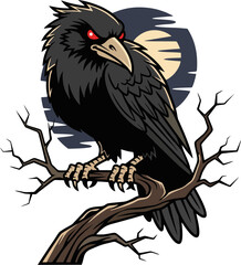 Dark Evil Crow on Tree Branch Vector – Horror Black Bird with Red Eyes and Full Moon Background