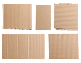 Five rectangular pieces of corrugated cardboard with torn edges and varying sizes, showing different textures and ribbing patterns.