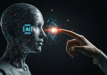 Technological innovation: a human hand interacting with an AI interface emanating from a futuristic head.