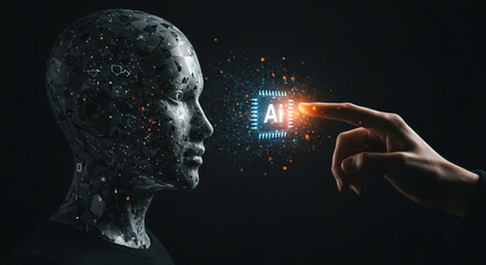 Robotic head with a network design, engaging with a glowing blue AI interface for technological innovation.