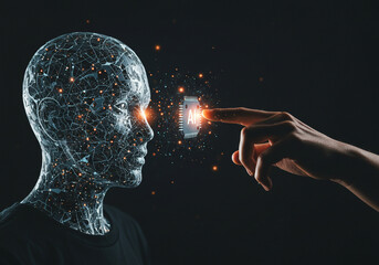A human hand touching a vibrant AI holographic display, representing the future of machine learning.