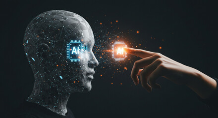 Futuristic AI human head interacting with a glowing digital interface, symbolizing advanced artificial intelligence.