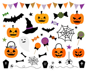 ハロウィンのイラストセット(魔女 おばけ かぼちゃ お菓子 蜘蛛の巣 墓 ベクター 編集可能)