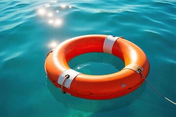 Vibrant Orange Life Preserver Floating on Calm Blue Lake Water Under Sunshine