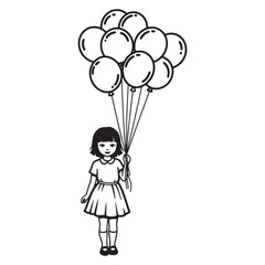 Adorable girl holding a bunch of balloons in a simple and charming black and white illustration
