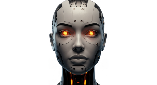Close-up of a futuristic, female robot head, with glowing orange eyes, against a plain white background. - Powered by Adobe
