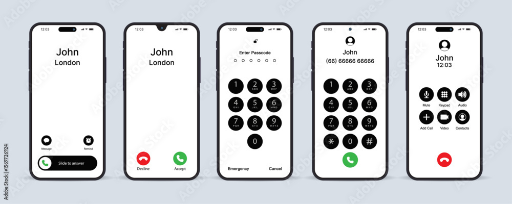 Poster smartphone lock and call screen vector set – mobile phone incoming call, passcode, dialer, and in-ca