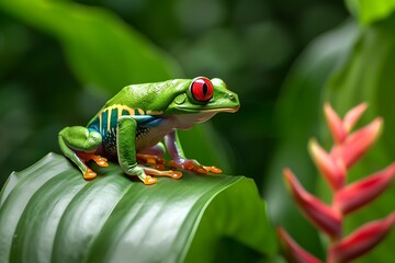 Fototapeta premium A stunning close-up of a vibrant red-eyed tree frog sitting on a large green leaf in a lush tropical environment