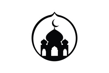 Elegant Black and White Mosque Icon:  Circular Design, Islamic Symbol, Crescent Moon, Spiritual, Peaceful, Minimalist Vector Illustration for Religious Websites, Branding, and Cultural Designs.