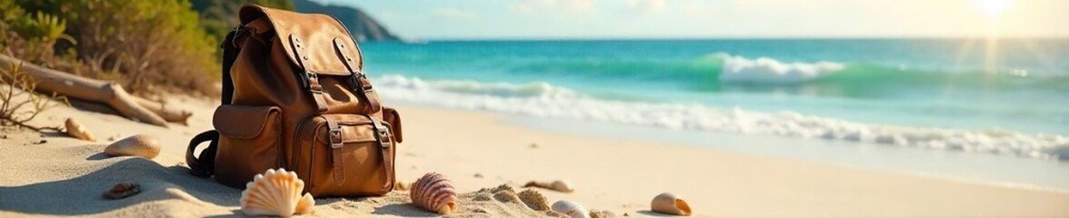 Tranquil Summer Beach Scene Well-worn Rucksack, Seashells, and Driftwood bathed in Warm Sunlight