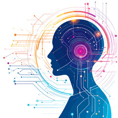 Obraz premium Blue Silhouette Human Head with Glowing Futuristic Technology Design on White Background