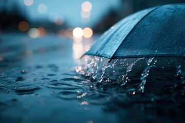 Umbrella in rain with water splashing blurry lights visible in background