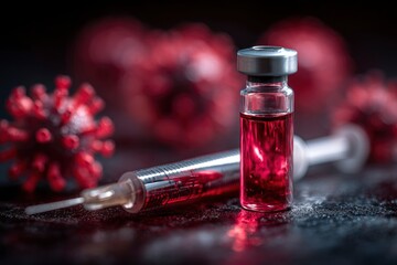 Vaccine vial and syringe with red liquid next to a virus model on a dark surface