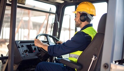 Construction Worker Driving Truck with Headset Side Profile View