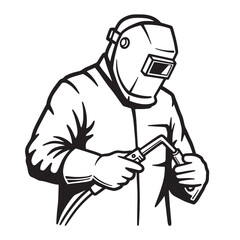 Black and white illustration of a welder in protective gear with welding torch