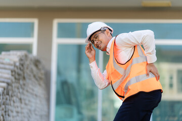 Man, construction worker and back pain from injury workplace accidents or muscle spasms from...