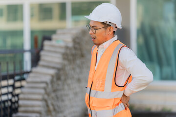 Man, construction worker and back pain from injury workplace accidents or muscle spasms from...