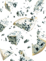 Multiple Blue Cheese Crumbles Falling - High-resolution blue cheese bits suspended mid-air on transparent background

