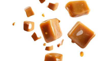 Multiple Butterscotch Candies Falling - High-resolution falling butterscotch sweets on transparent background

