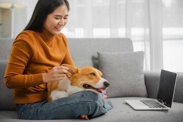 Young Asian woman sitting with her dog on the sofa at home with headphones and playing on laptop on holiday.