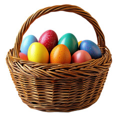 A woven easter basket filled with colorful speckled eggs isolated on transparent background