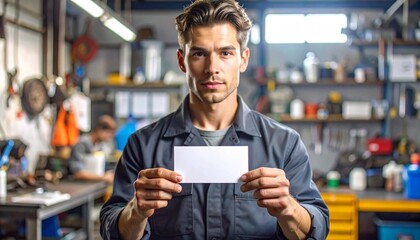 Mechanic Holding Blank Card Auto Repair Service Advertisement