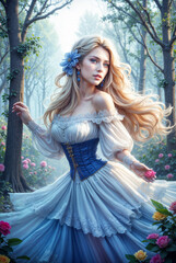 Romantic Fantasy Princess in Blue Corset, Blonde Woman in Fairytale Forest, Beautiful Dress and Flowers, Whimsical Character Portrait, Magical Garden Scene