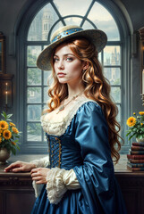 Elegant Woman in Blue Dress and Hat, Victorian Fantasy Portrait, Fairytale Noble Lady Indoors, Classic Historical Fashion with Castle Window Backdrop