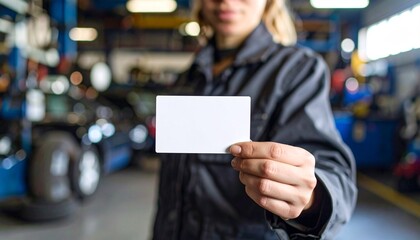 Female Mechanic Holding Blank Business Card in Auto Repair Shop
