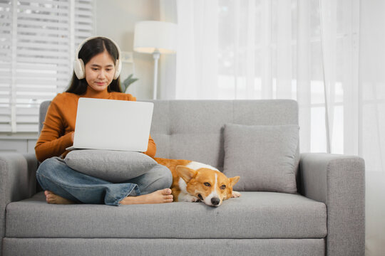 Young Asian woman sitting with her dog on the sofa at home with headphones and playing on laptop on holiday. - Powered by Adobe