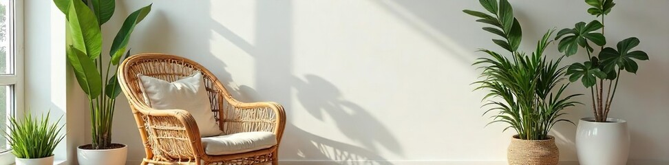 Relaxing Summer Living Room Wicker Chair, Woven Throw, and Lush Greenery