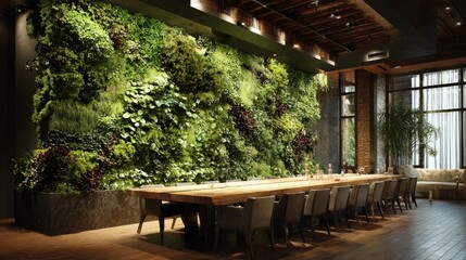 Obraz premium Lush green wall decorates a long dining room