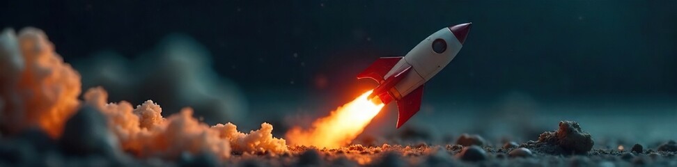 Sleek Rocket Ready for Launch Close-up of Gleaming Metallic Surface and Fiery Exhaust Nozzle Against a Dark Background