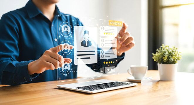 Recruitment process online job application hiring manager reviewing candidates on virtual interface tech 100