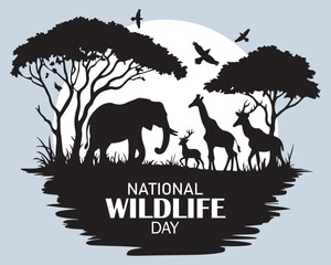 National Wildlife Day Poster with green silhouettes of wild animals icon vector. Wild animals silhouette set. Environmental icon vector. Group of animals icon.
