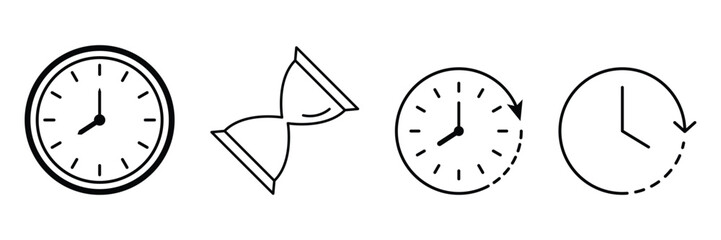 Clock time countdown and hourglass timer icons in minimalist stroke style with rotation loop concept vector illustration set.