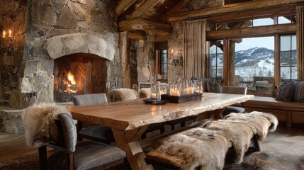 Rustic lodge dining room with stone fireplace and mountain view