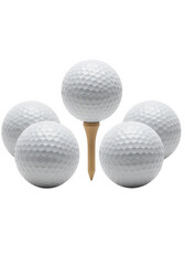 Five white golf balls arranged around a wooden tee isolated on transparent background