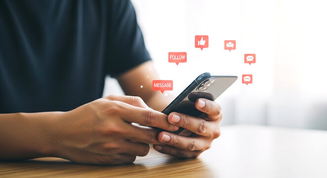 Man using smartphone with floating social media icons representing communication and online platform