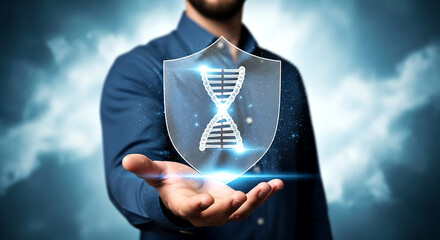 Businessman holding DNA hourglass hologram representing biotechnology science and time based research