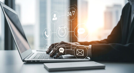 Laptop with floating document icons representing online file transfer and digital document sharing