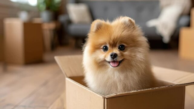 A cute Pomeranian dog sits happily inside a cardboard box. The scene is set in a room with moving boxes, suggesting a house move or relocation, creating a playful and heartwarming atmosphere.