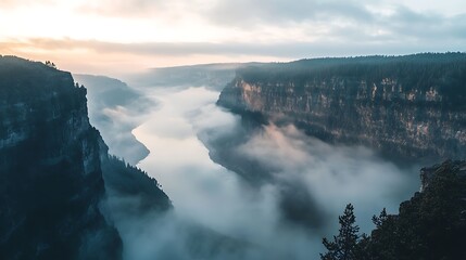 Obraz premium Majestic River Valley Mist Shrouded Sunrise Landscape