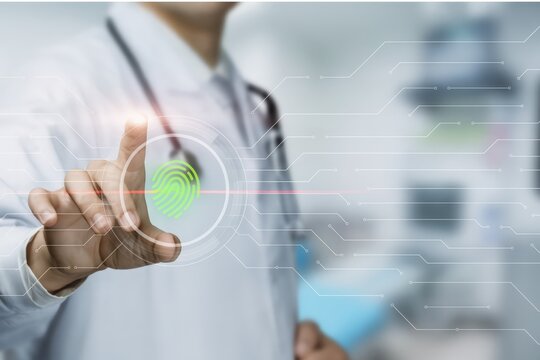 Doctor interacts with virtual biometric fingerprint scanner in futuristic digital interface. Concept of secure data access, medical technology and healthcare digital transformation
