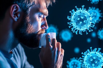 A bearded man with a concerned expression coughing while in a dimly lit room surrounded by glowing abstract particles representing the COVID 19 virus