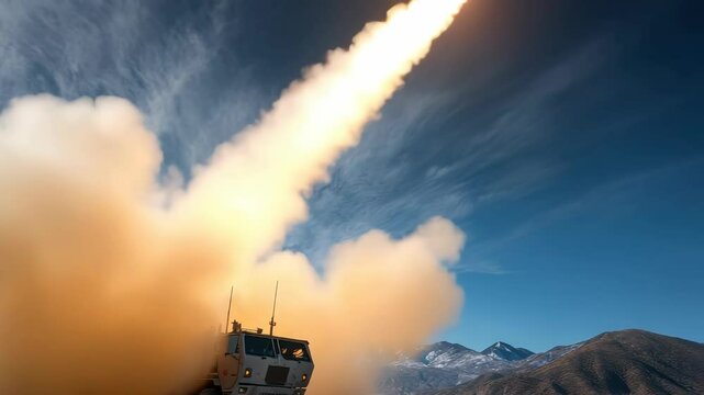 Missile Launch: A surface-to-air missile streaks upward, powered by roaring flames, against a backdrop of mountains and a dynamic blue sky. Defense Technology.