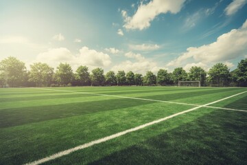 Green soccer field with white lines under a blue sky and clouds on a sunny day outdoors