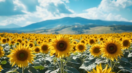 Obraz premium A vibrant field of sunflowers blooms under a bright blue sky with fluffy white clouds, with a majestic mountain range visible in the distance, creating beauty.