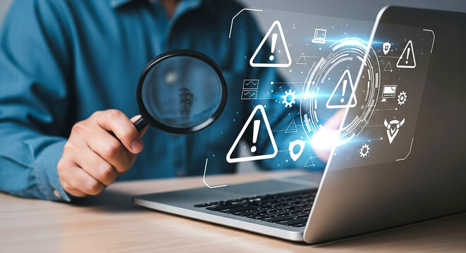 Cybersecurity threat detection vulnerability analysis with magnifying glass on laptop for network security 100 - Powered by Adobe