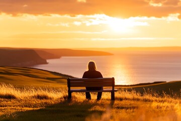 Obraz premium A lone woman sitting on a bench overlooking the vast ocean and breathtaking sunset in a moment of solitude and contemplation